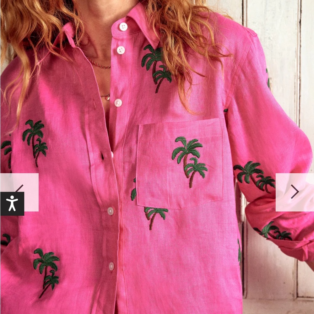 Boden Pink Button Down Shirt with Green Palm Tree Print